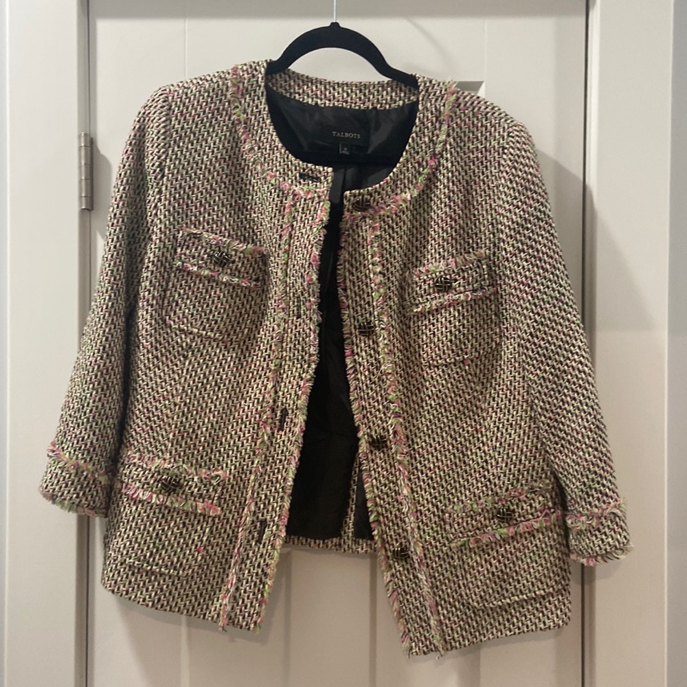 Talbolts Pink Green Tweed Eyelash Trim Cloqué Style Round Neck Blazer Jacket 12 - Picture 2 of 16
